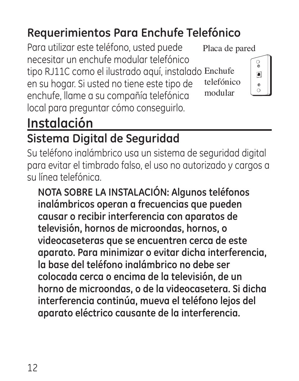 Instalación, Requerimientos para enchufe telefónico, Sistema digital de seguridad | GE 00016 User Manual | Page 68 / 112