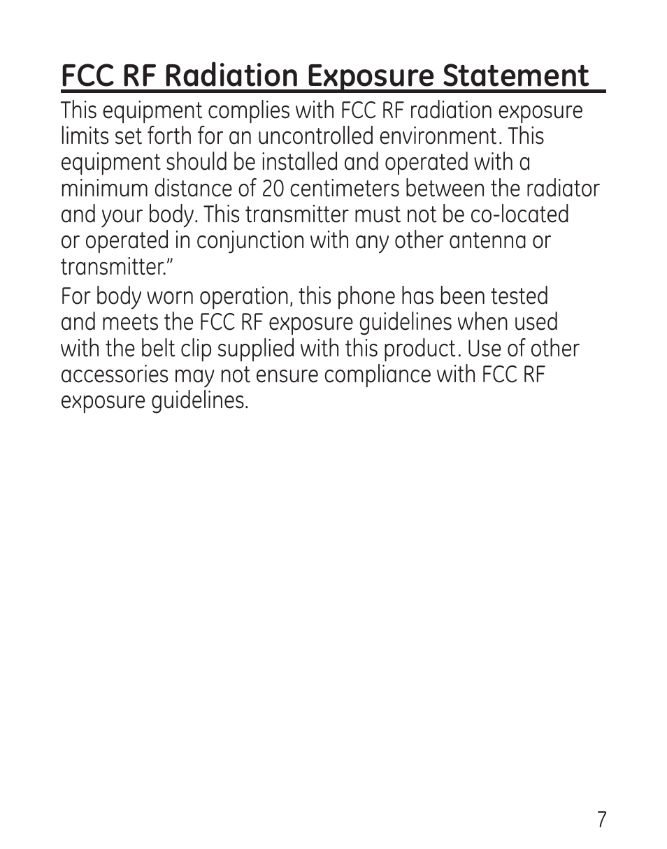 Fcc rf radiation exposure statement | GE 00016 User Manual | Page 7 / 112