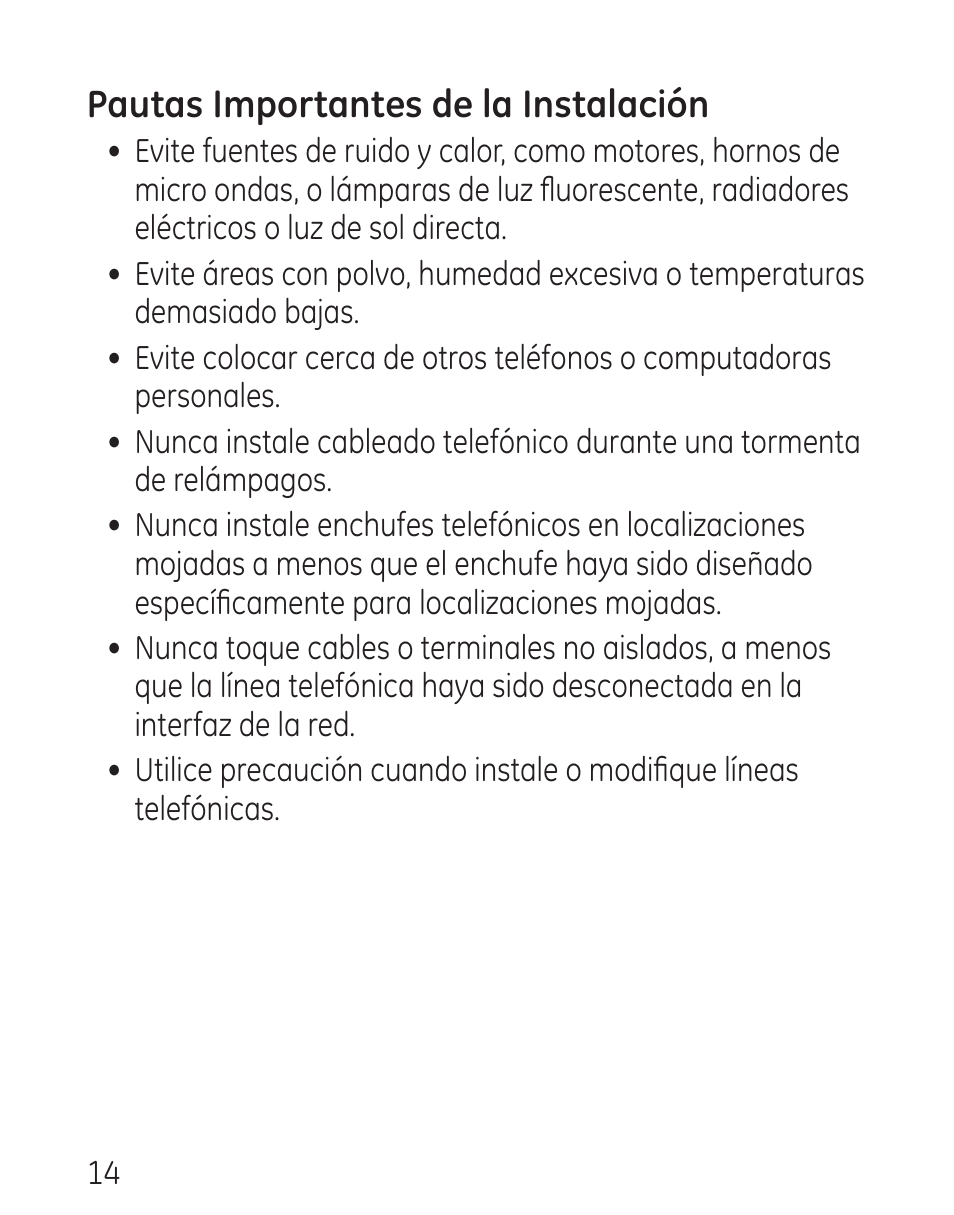 Pautas importantes de la instalación | GE 00016 User Manual | Page 70 / 112