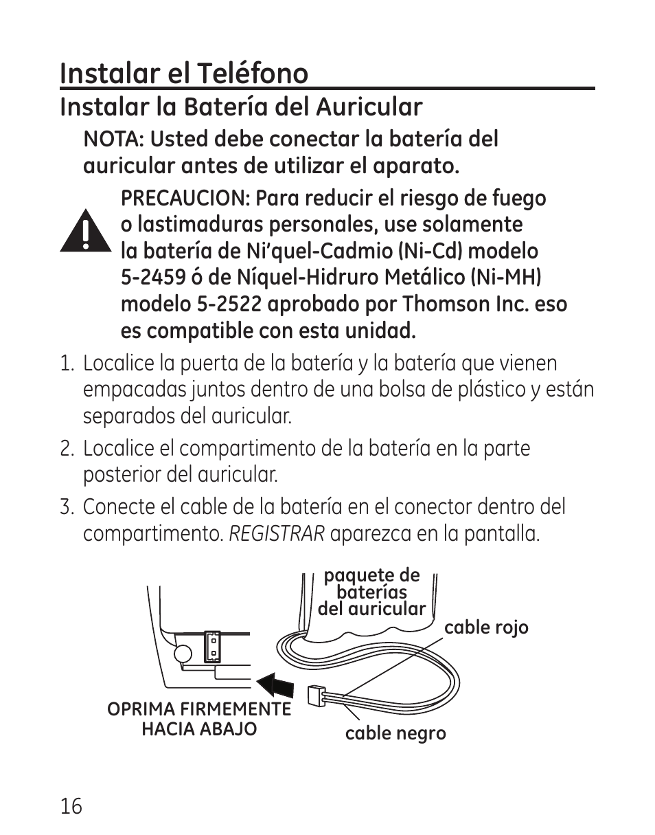 Instalar el teléfono, Instalar la batería del auricular | GE 00016 User Manual | Page 72 / 112