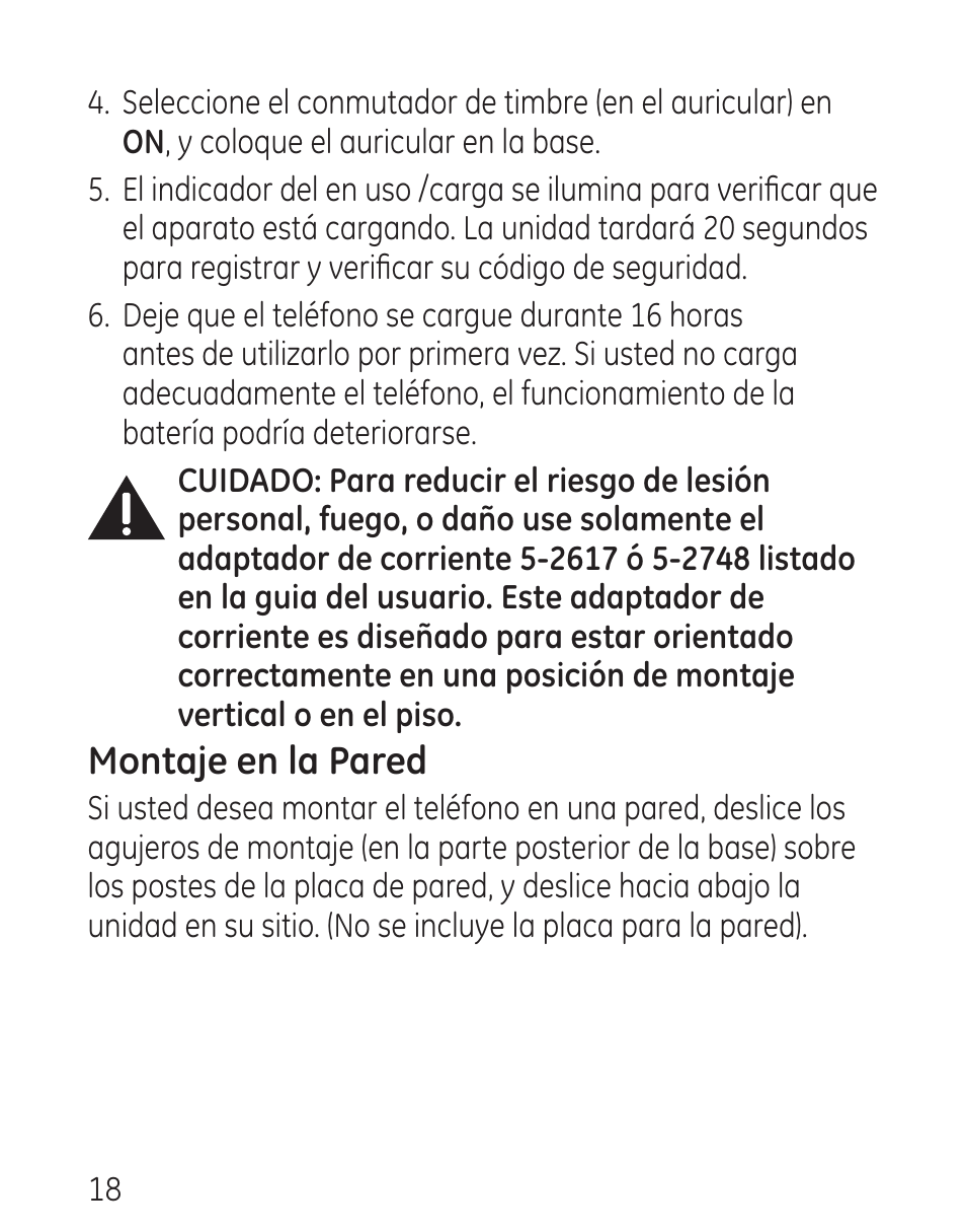 Montaje en la pared | GE 00016 User Manual | Page 74 / 112
