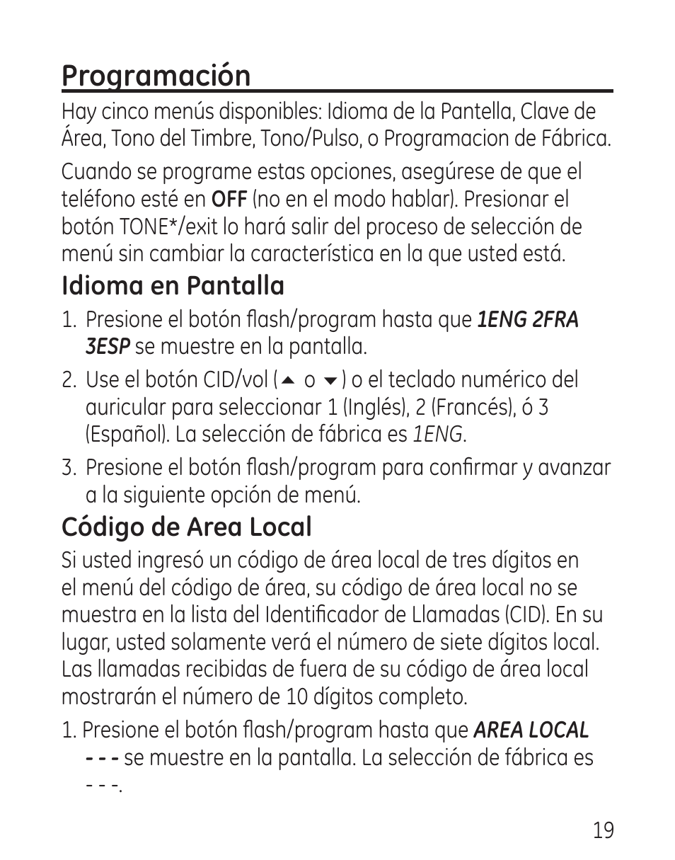 Programación, Idioma en pantalla, Código de area local | GE 00016 User Manual | Page 75 / 112