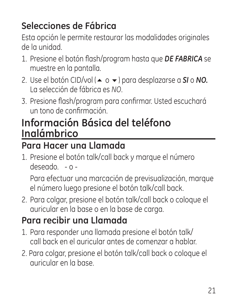 Información básica del teléfono inalámbrico, Selecciones de fábrica, Para hacer una llamada | Para recibir una llamada | GE 00016 User Manual | Page 77 / 112
