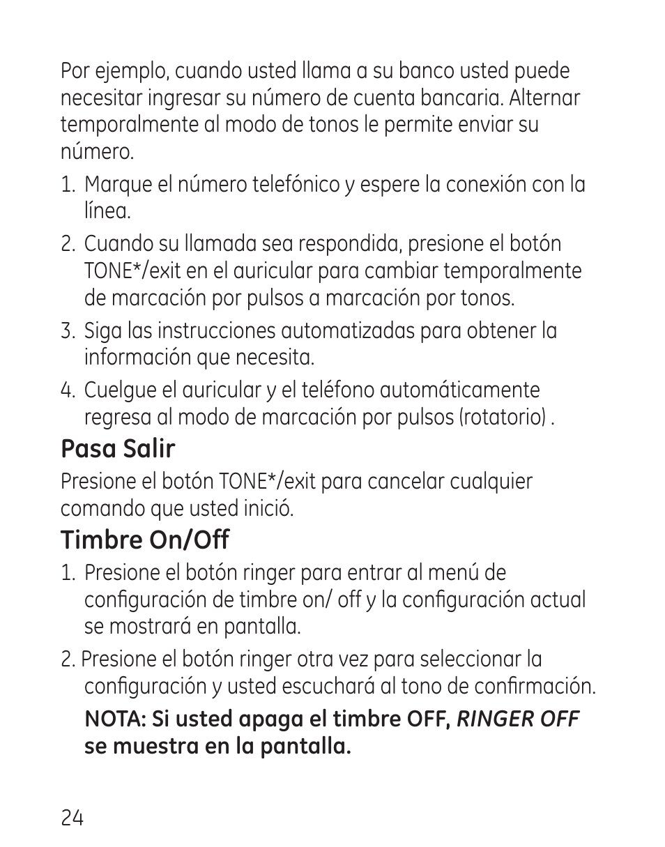 Pasa salir, Timbre on/off | GE 00016 User Manual | Page 80 / 112