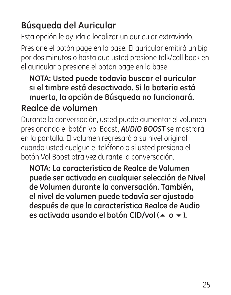 Búsqueda del auricular, Realce de volumen | GE 00016 User Manual | Page 81 / 112
