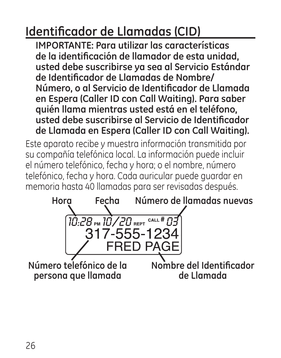 Identificador de llamadas (cid) | GE 00016 User Manual | Page 82 / 112