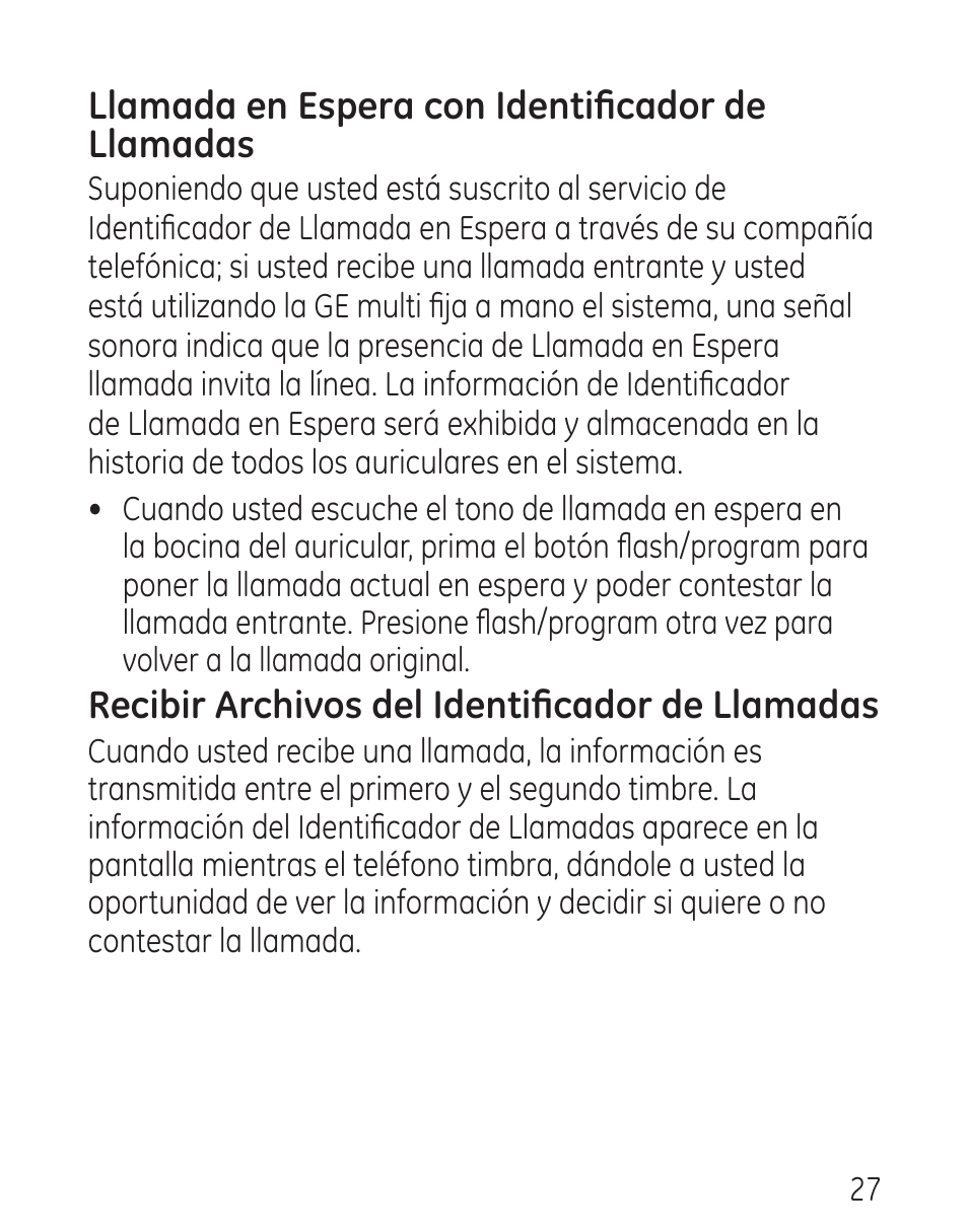 Llamada en espera con identificador de llamadas, Recibir archivos del identificador de llamadas | GE 00016 User Manual | Page 83 / 112