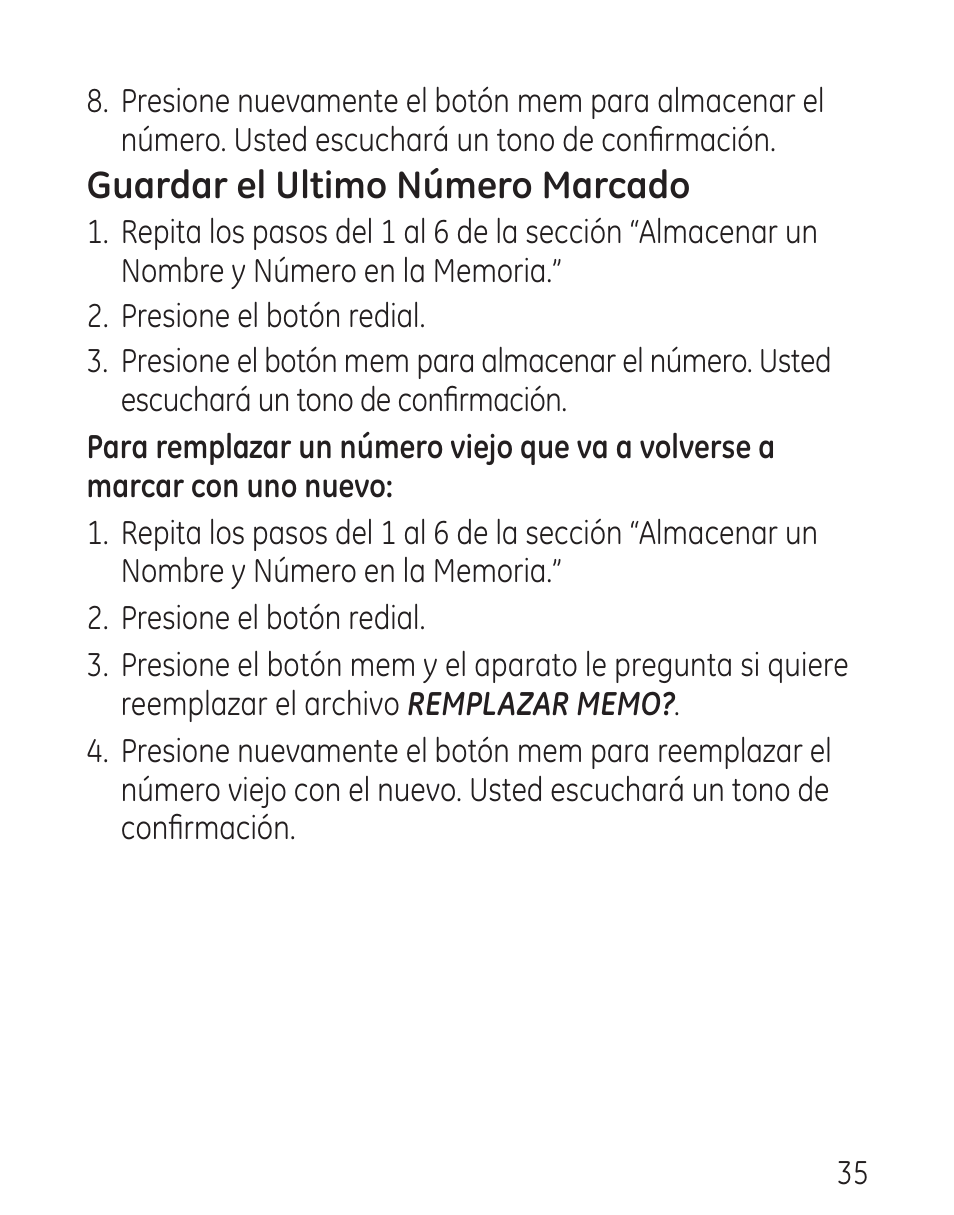 Guardar el ultimo número marcado | GE 00016 User Manual | Page 91 / 112