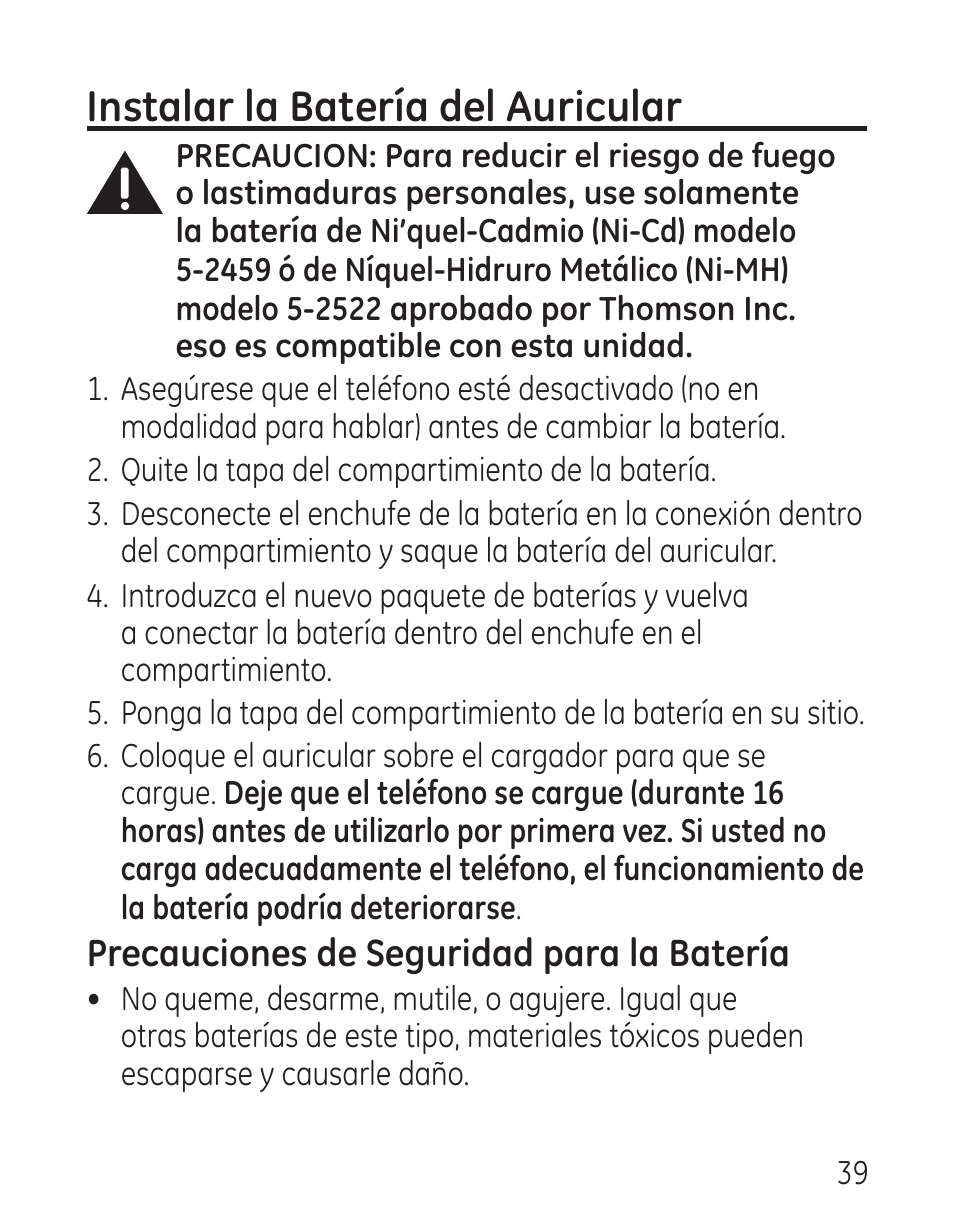 Instalar la batería del auricular, Precauciones de seguridad para la batería | GE 00016 User Manual | Page 95 / 112