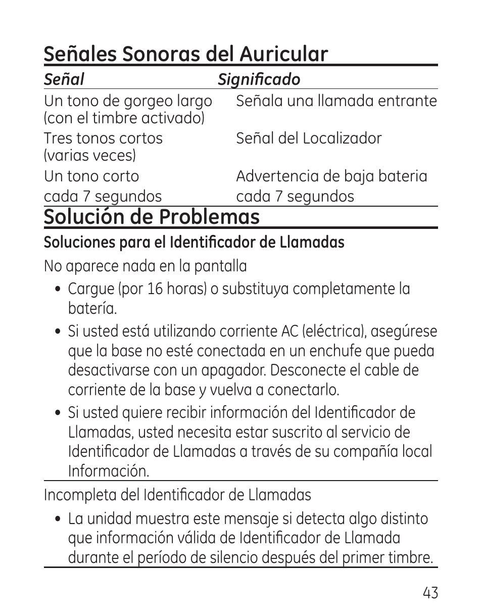 Señales sonoras del auricular, Solución de problemas | GE 00016 User Manual | Page 99 / 112