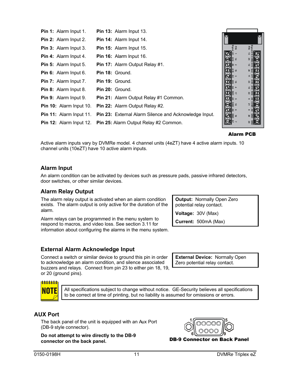 Alarm input, Alarm relay output, External alarm acknowledge input | Aux port, Db-9 connector on back panel | GE Triplex DVMRe 4eZT User Manual | Page 11 / 81