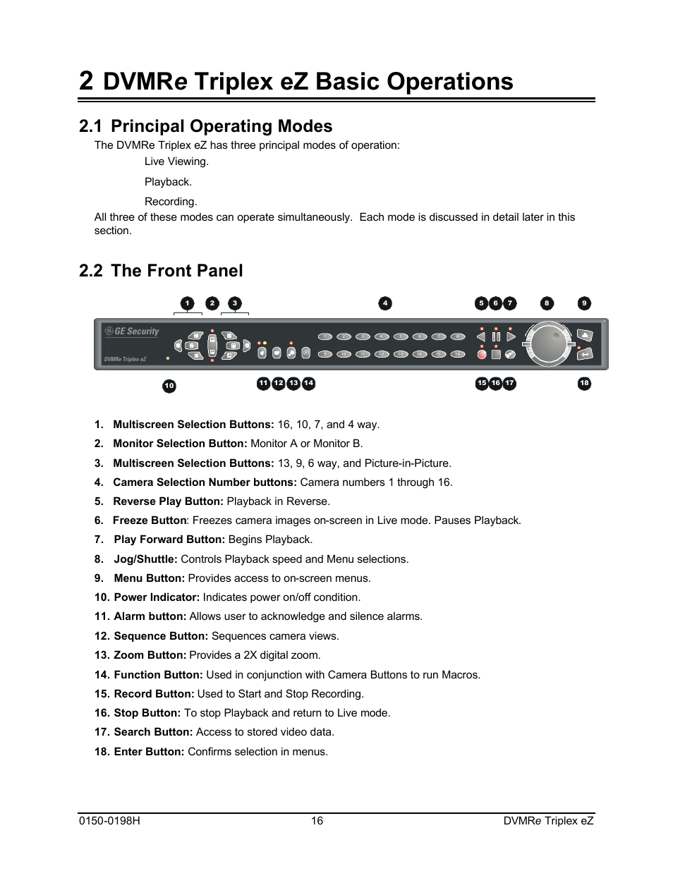 Dvmr e triplex ez basic operations, 1 principal operating modes, 2 the front panel | GE Triplex DVMRe 4eZT User Manual | Page 16 / 81