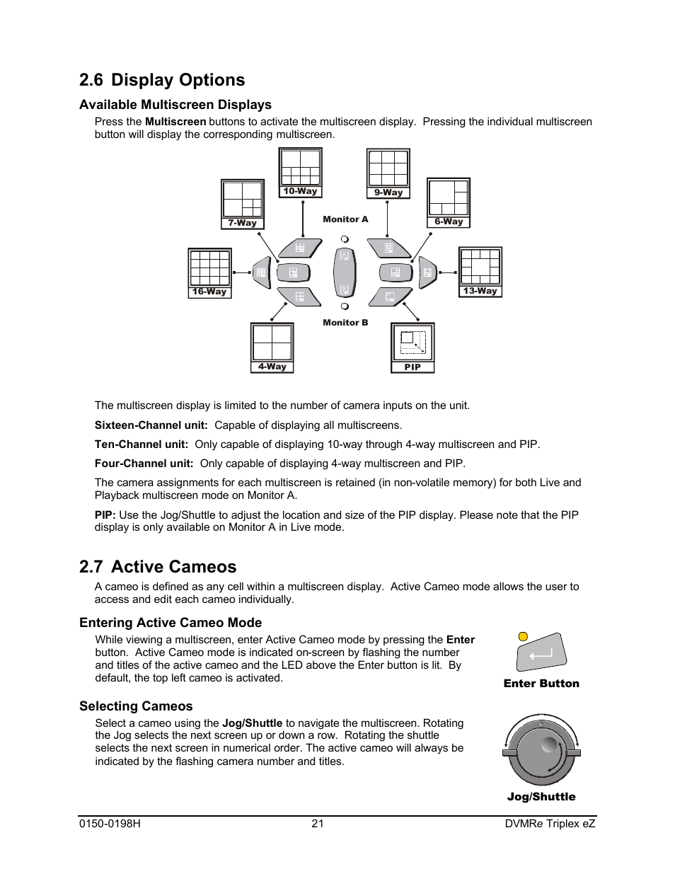 6 display options, 7 active cameos, Available multiscreen displays | Entering active cameo mode, Selecting cameos | GE Triplex DVMRe 4eZT User Manual | Page 21 / 81