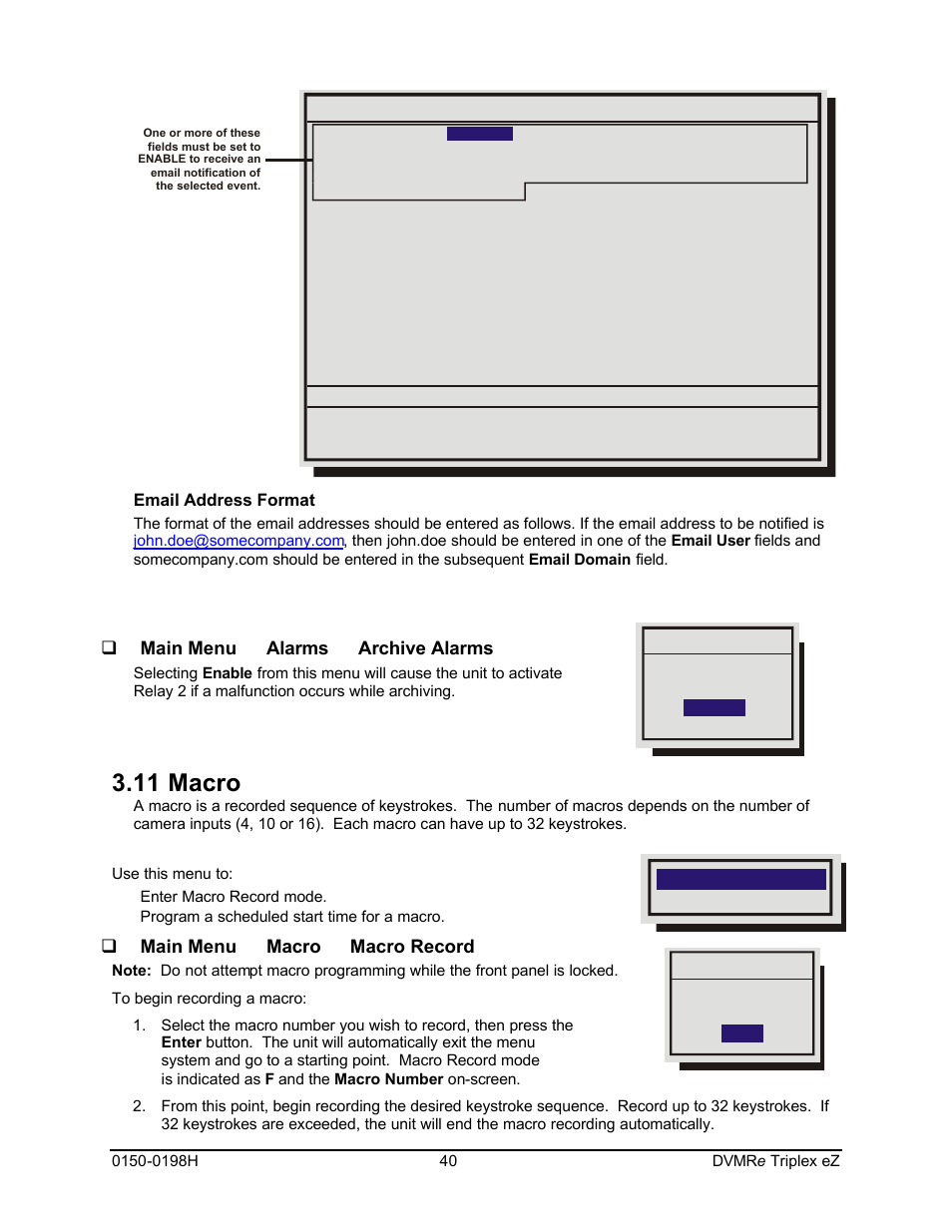11 macro, Qmain menu → alarms → archive alarms, Qmain menu → macro → macro record | Email address format | GE Triplex DVMRe 4eZT User Manual | Page 40 / 81