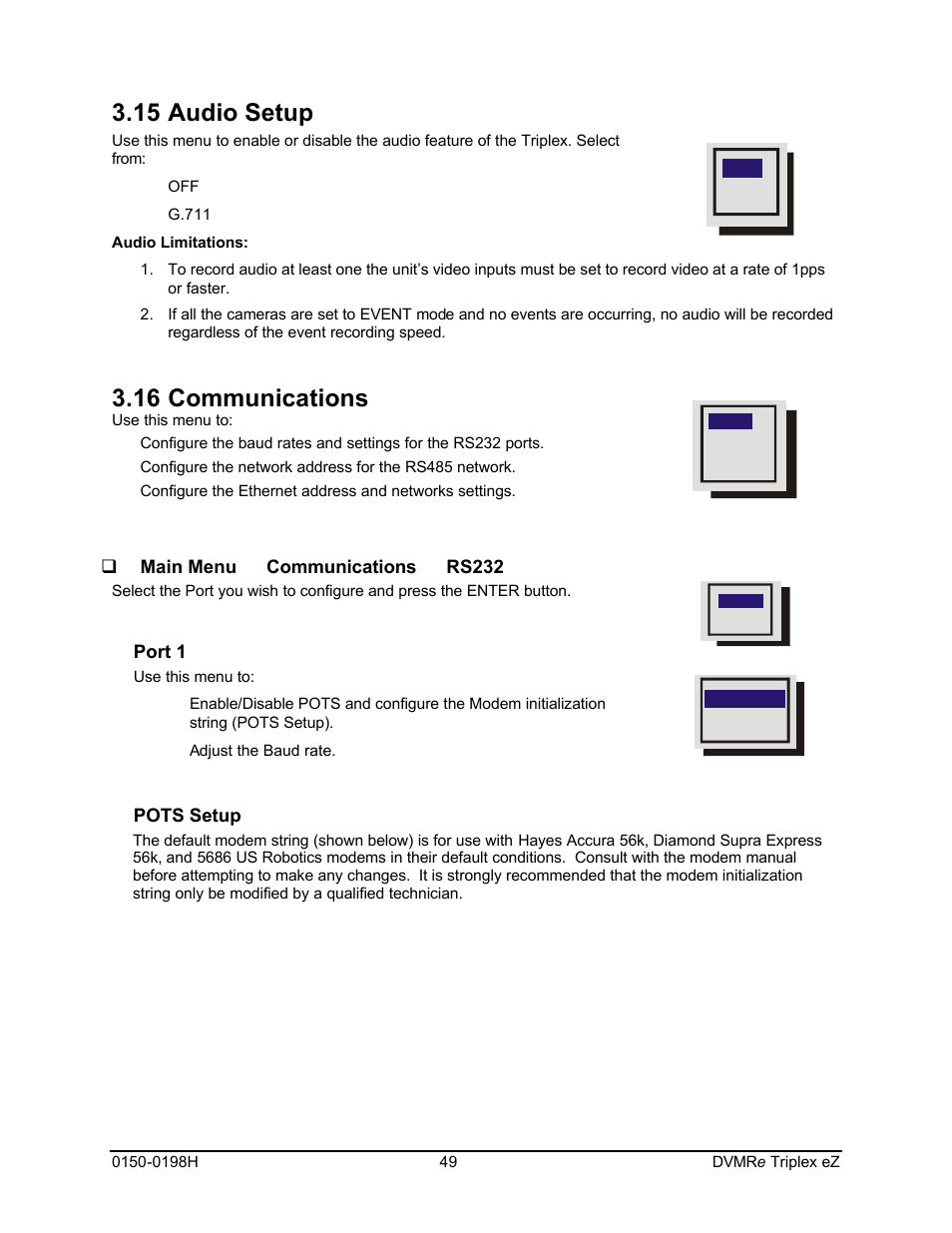 15 audio setup, 16 communications | GE Triplex DVMRe 4eZT User Manual | Page 49 / 81