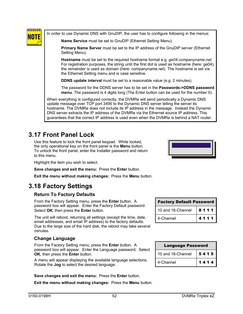17 front panel lock, 18 factory settings | GE Triplex DVMRe 4eZT User Manual | Page 52 / 81