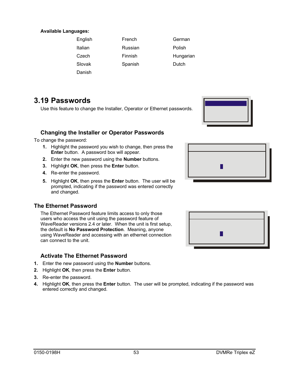 19 passwords, Changing the installer or operator passwords, The ethernet password | Activate the ethernet password | GE Triplex DVMRe 4eZT User Manual | Page 53 / 81