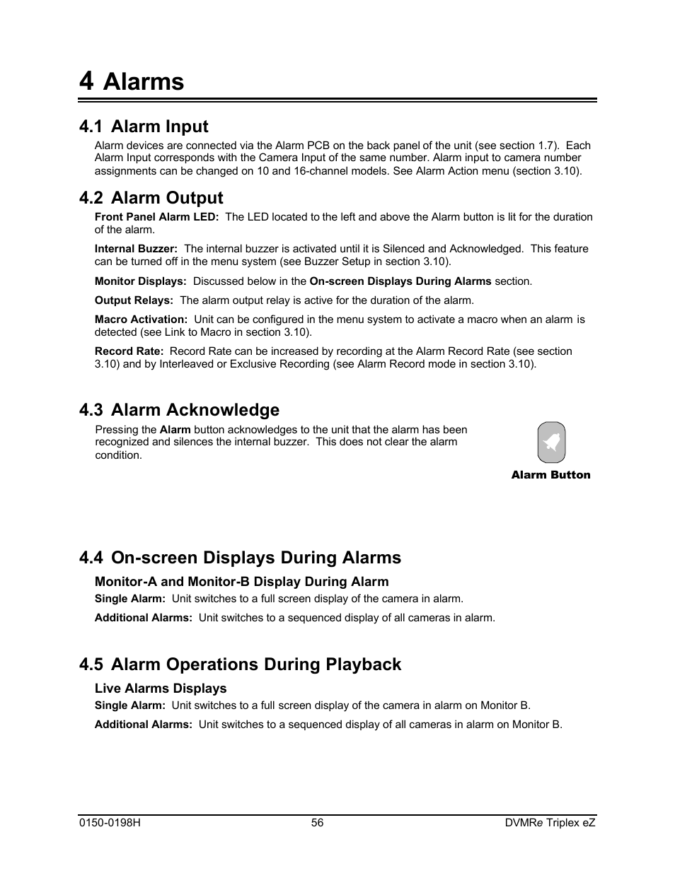 Alarms, 1 alarm input, 2 alarm output | 3 alarm acknowledge, 4 on-screen displays during alarms, 5 alarm operations during playback | GE Triplex DVMRe 4eZT User Manual | Page 56 / 81