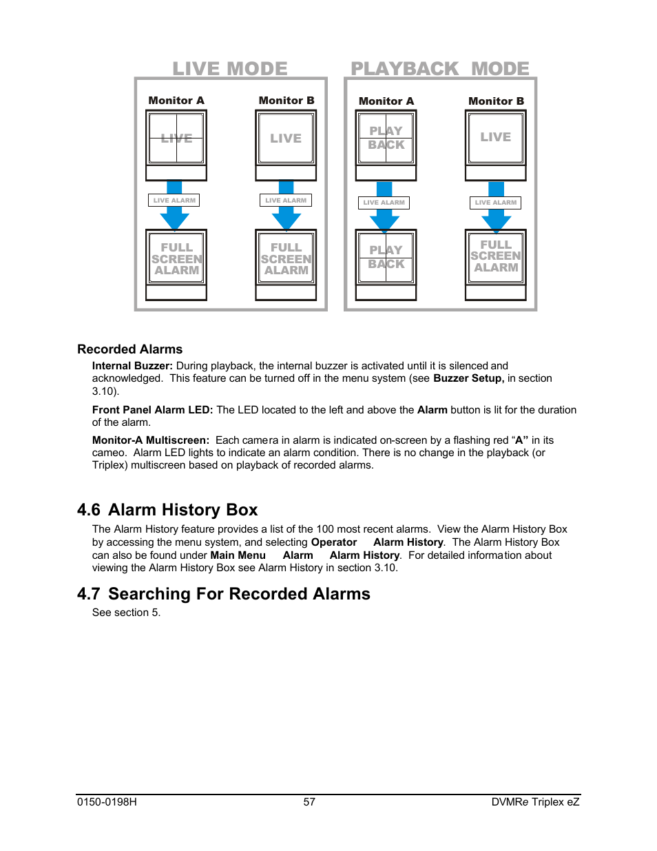 Live mode playback mode, 6 alarm history box, 7 searching for recorded alarms | GE Triplex DVMRe 4eZT User Manual | Page 57 / 81