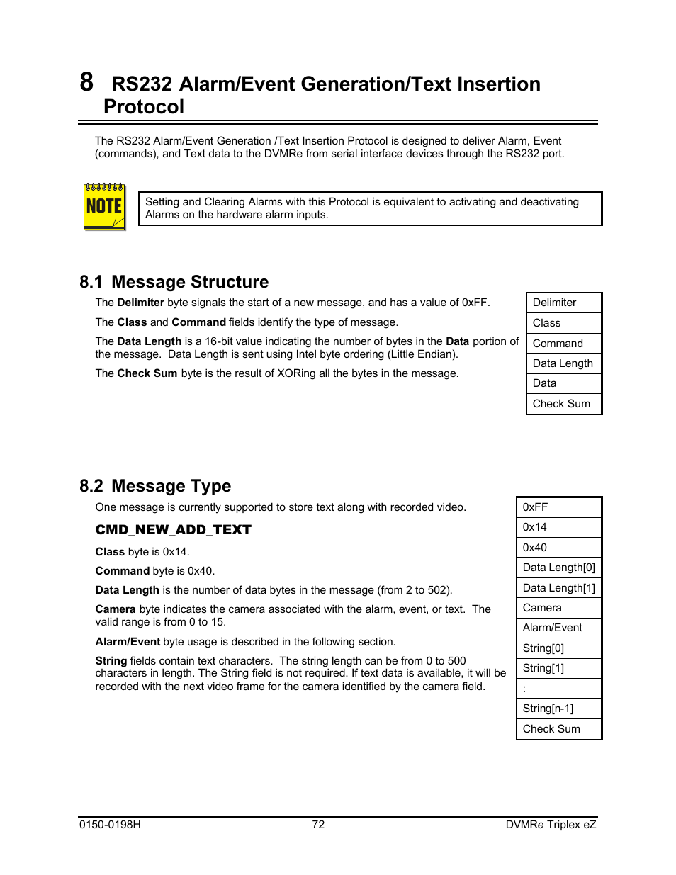 Rs232, Alarm/event generation/text insertion protocol, 1 message structure | 2 message type | GE Triplex DVMRe 4eZT User Manual | Page 72 / 81
