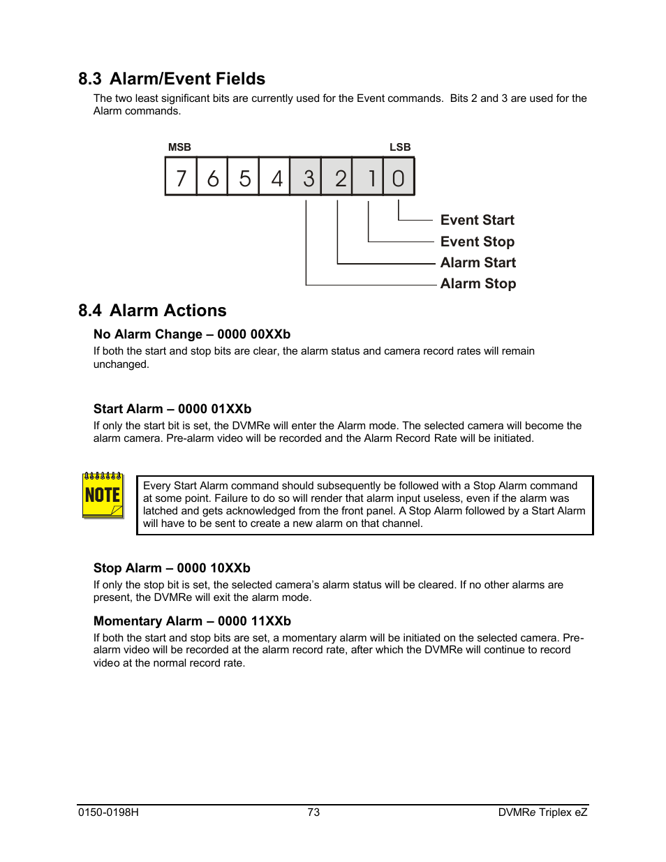 3 alarm/event fields, 4 alarm actions | GE Triplex DVMRe 4eZT User Manual | Page 73 / 81