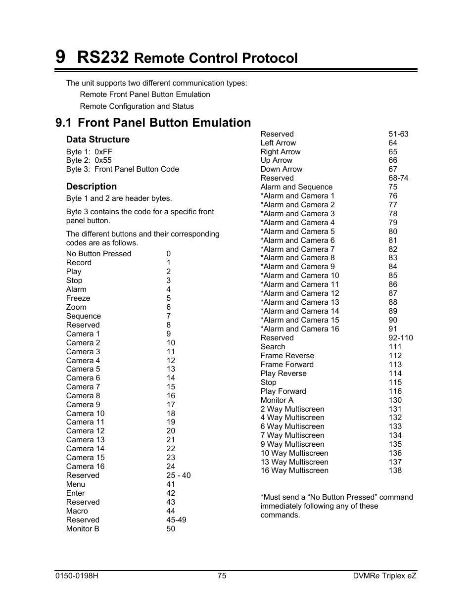 Rs232, Remote control protocol, 1 front panel button emulation | GE Triplex DVMRe 4eZT User Manual | Page 75 / 81
