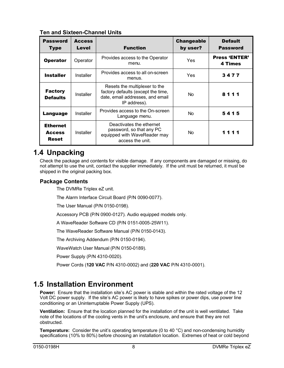 4 unpacking, 5 installation environment | GE Triplex DVMRe 4eZT User Manual | Page 8 / 81