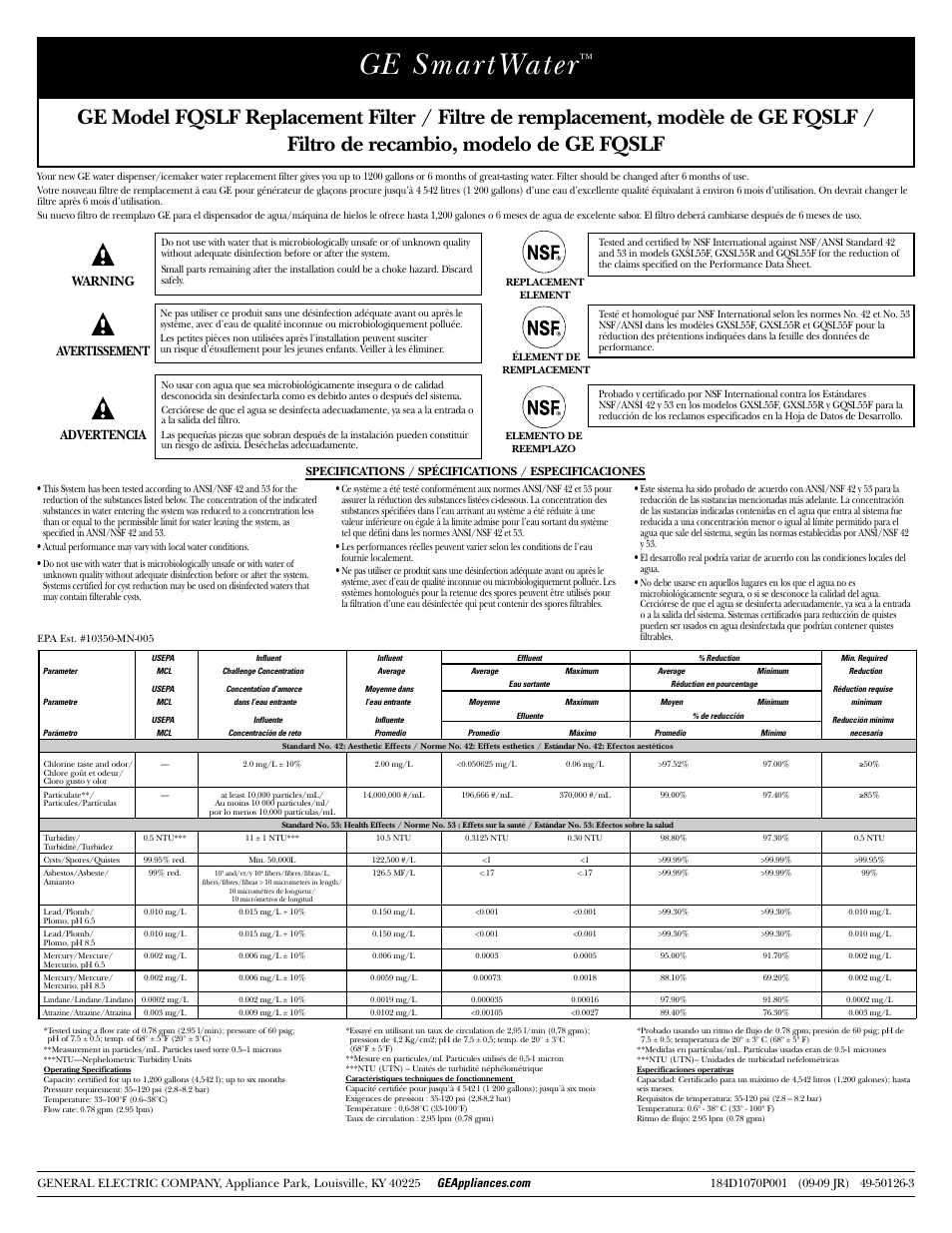 GE SmartWater FQSLF User Manual | 2 pages