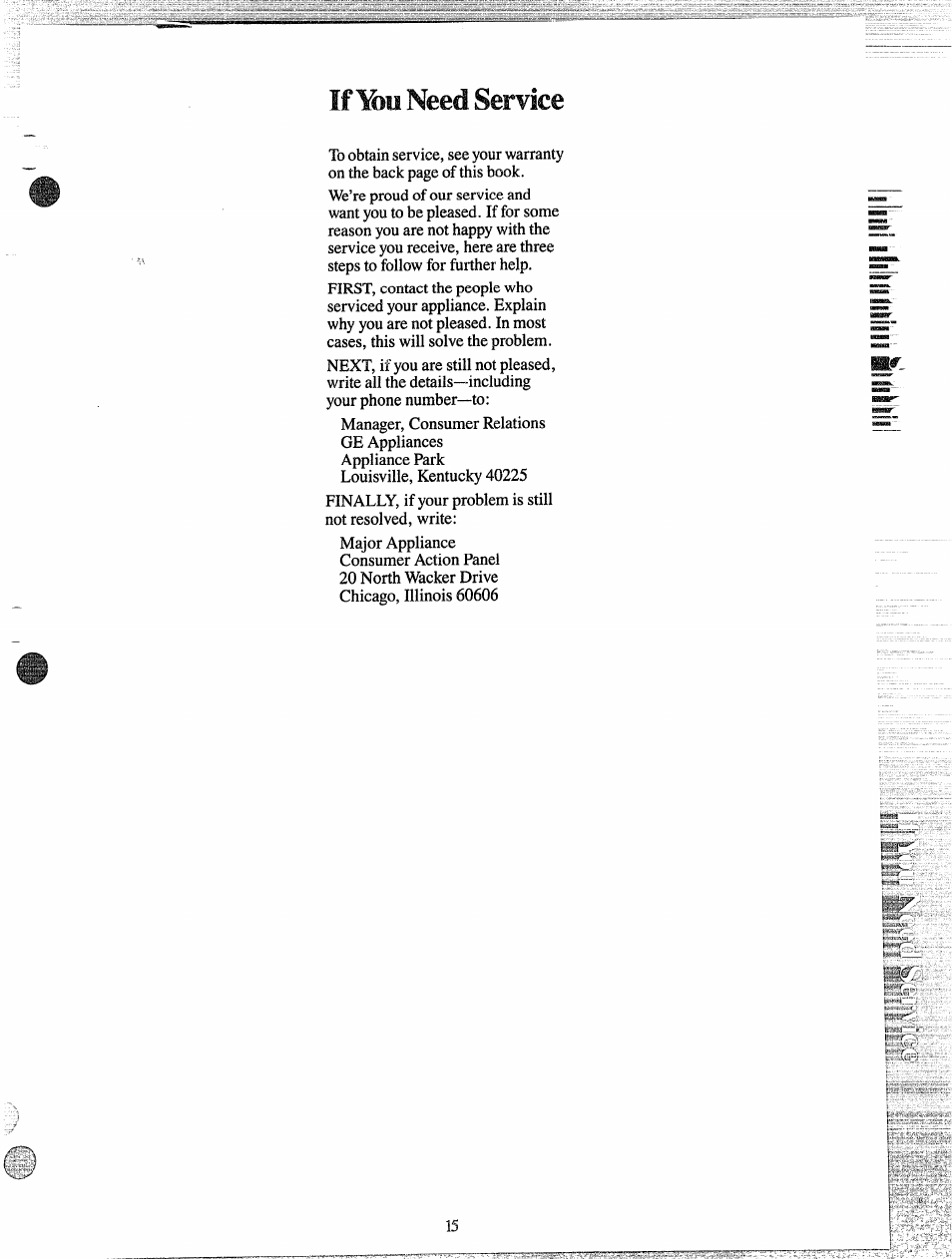 If need service | GE 165D3080P049 User Manual | Page 15 / 16