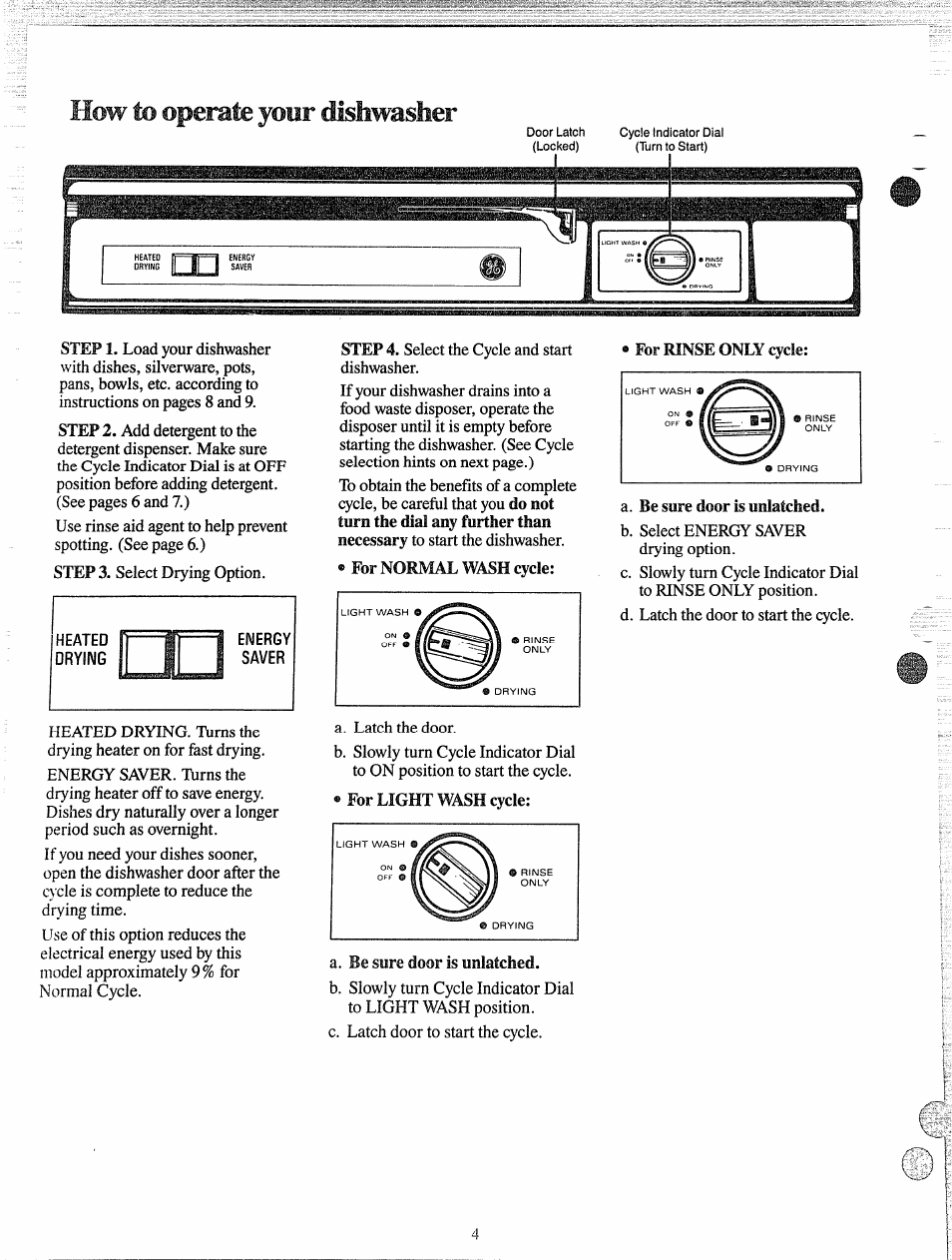 How to operate your dishwasher | GE 165D3080P049 User Manual | Page 4 / 16