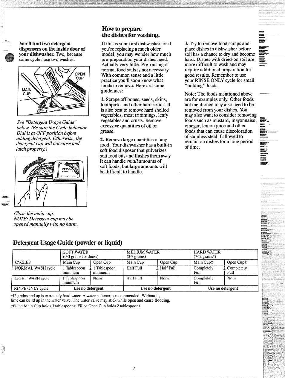 How to prepare the dishes for washing, Detergeoi usage guide (powder or liquid) | GE 165D3080P049 User Manual | Page 7 / 16
