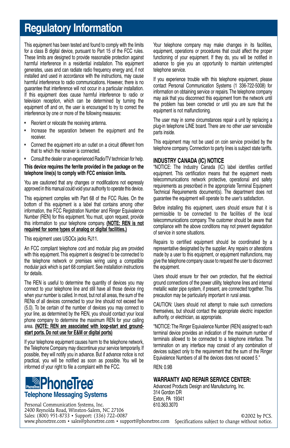 Regulatory information, Telephone messaging systems | GE 10/02 Network User Manual | Page 32 / 32