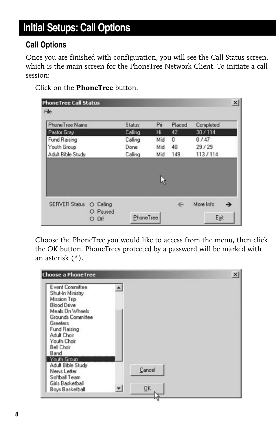 Initial setups, Call options, Initial setups: call options | GE 10/02 Network User Manual | Page 8 / 32