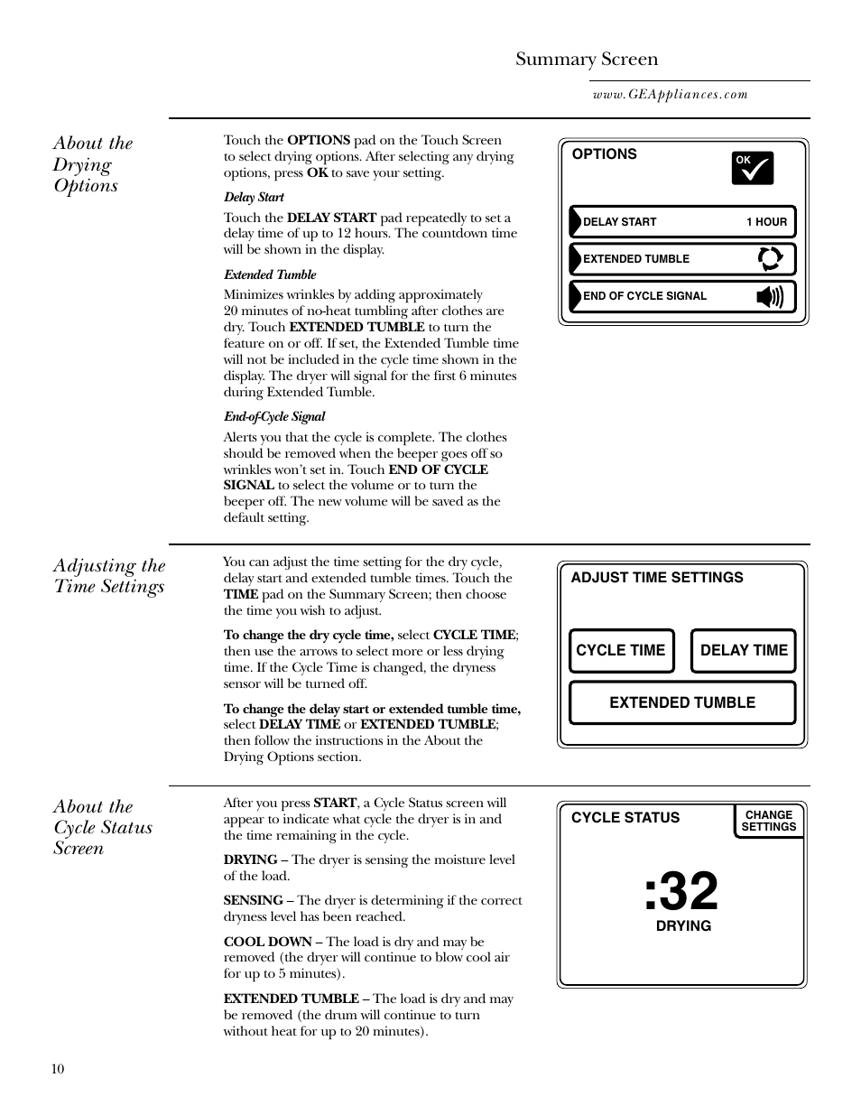 Summary screen, About the drying options, Adjusting the time settings | About the cycle status screen | GE DPGT750 User Manual | Page 10 / 44