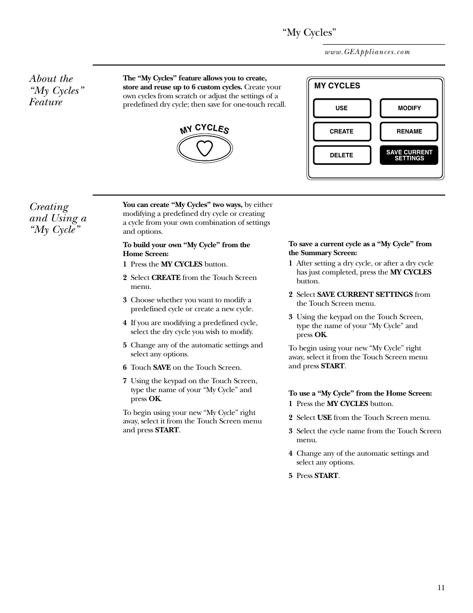 My cycles, My cycles” , 12, About the “my cycles” feature | Creating and using a “my cycle | GE DPGT750 User Manual | Page 11 / 44