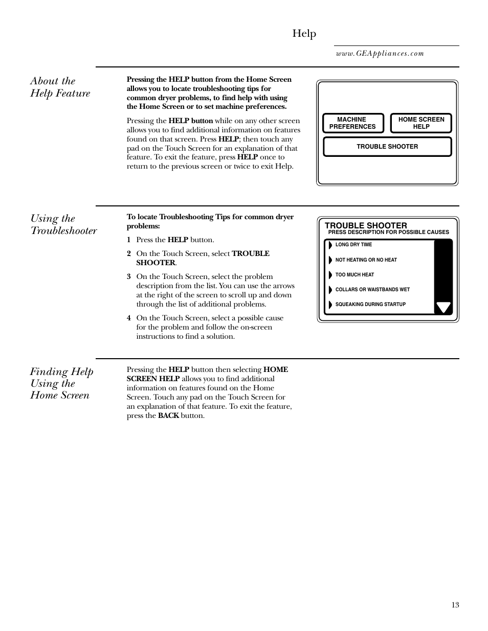 Help, Troubleshooter, Help , 14 | About the help feature, Using the troubleshooter, Finding help using the home screen | GE DPGT750 User Manual | Page 13 / 44