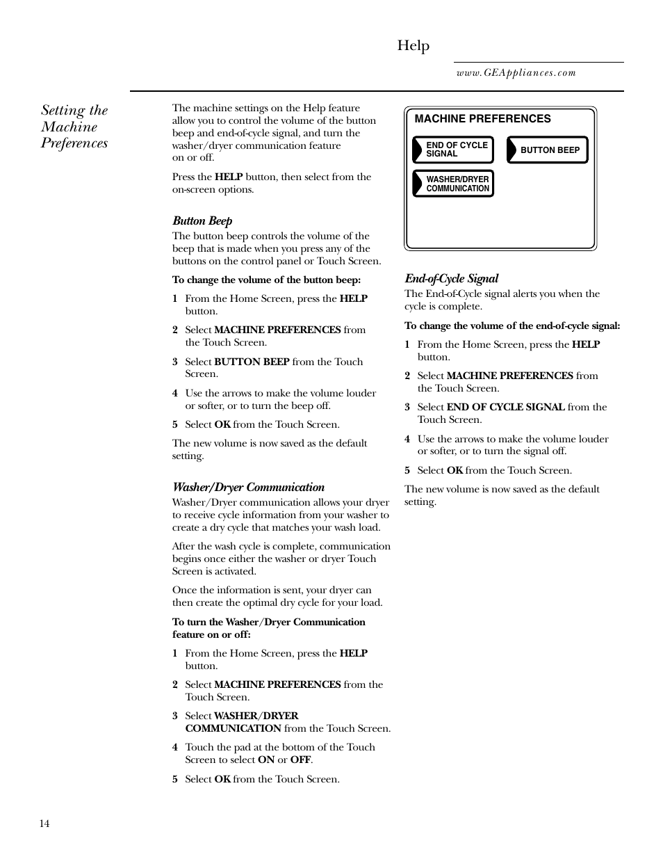 Help, Setting the machine preferences | GE DPGT750 User Manual | Page 14 / 44