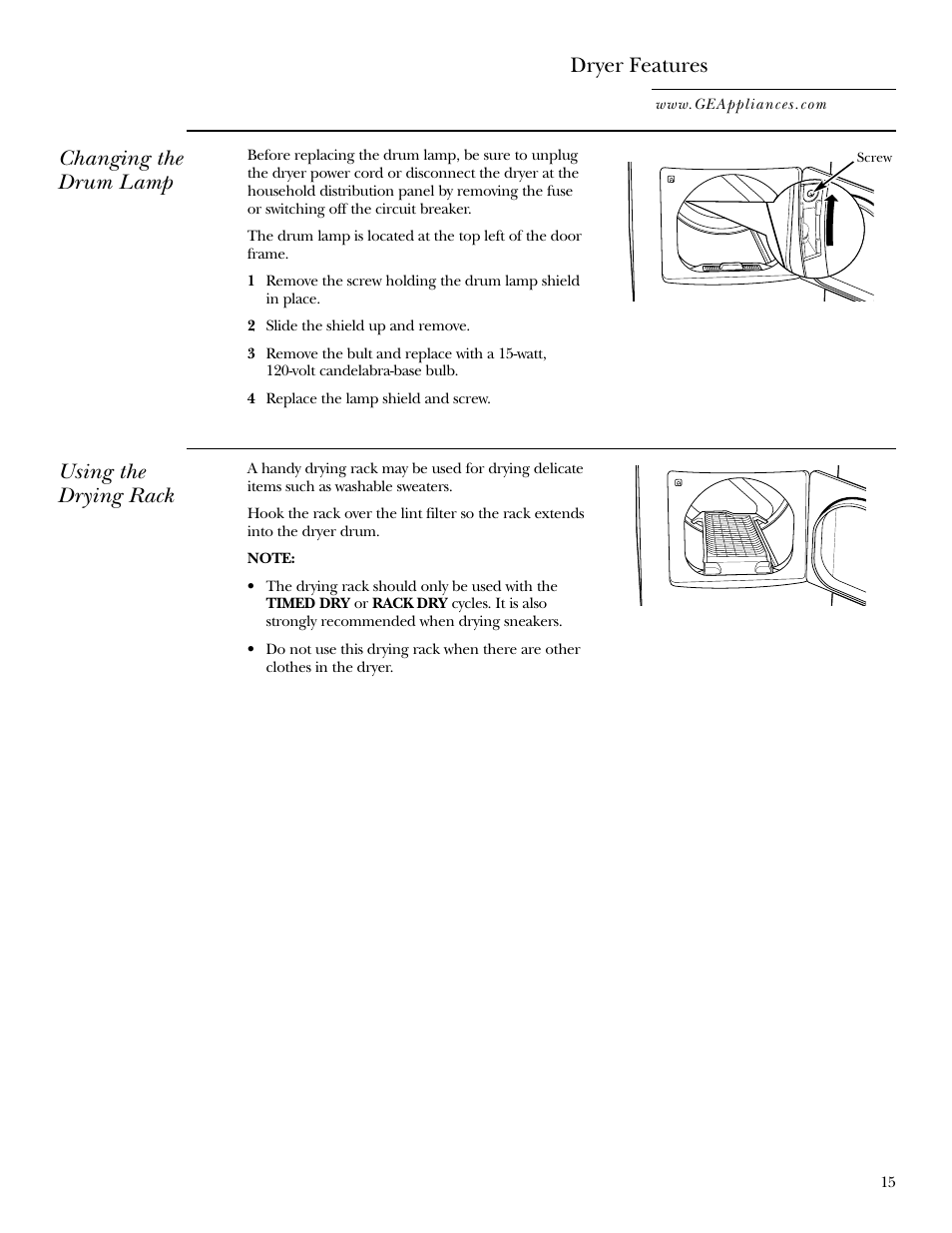 Dryer features, Changing the drum lamp, Using the drying rack | GE DPGT750 User Manual | Page 15 / 44