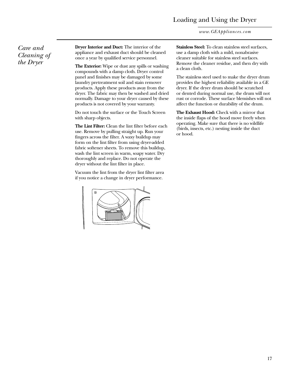 Loading and using the dryer, Care and cleaning of the dryer | GE DPGT750 User Manual | Page 17 / 44