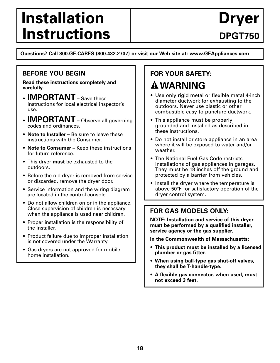 Before you begin, Before you begin –20, Installation dryer instructions | Dpgt750, Warning, Important | GE DPGT750 User Manual | Page 18 / 44