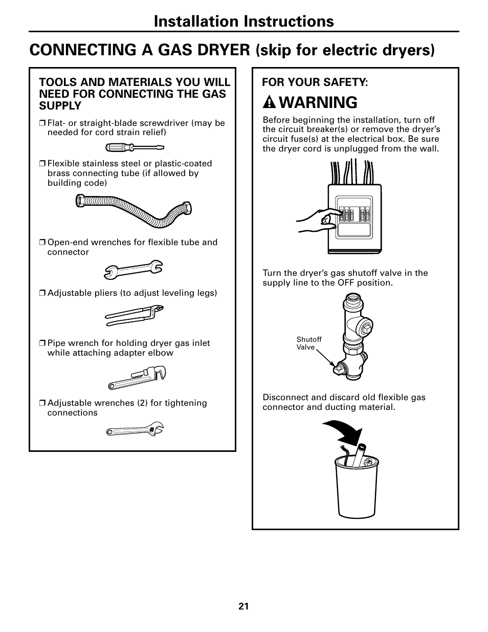 Connecting a gas dryer, Connecting a gas dryer –24, Installation instructions | Connecting a gas dryer (skip for electric dryers), Warning | GE DPGT750 User Manual | Page 21 / 44