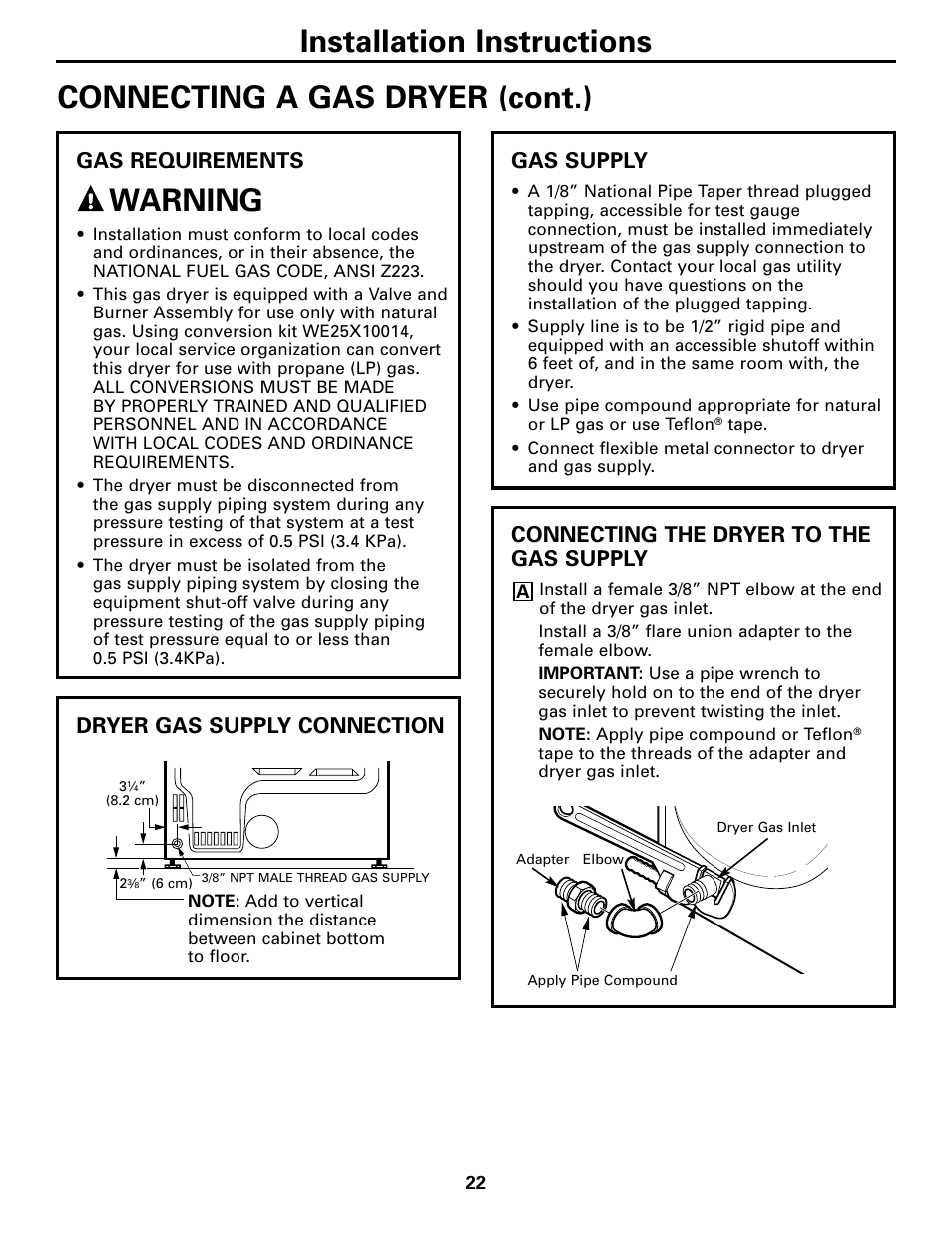 Installation instructions, Warning, Connecting a gas dryer (cont.) | Gas requirements, Dryer gas supply connection, Gas supply, Connecting the dryer to the gas supply | GE DPGT750 User Manual | Page 22 / 44