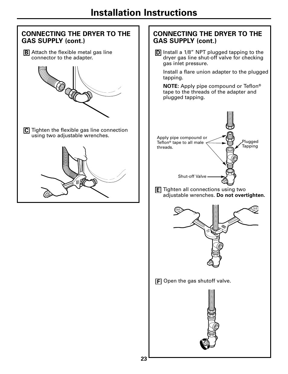 Installation instructions, Connecting the dryer to the gas supply (cont.) | GE DPGT750 User Manual | Page 23 / 44