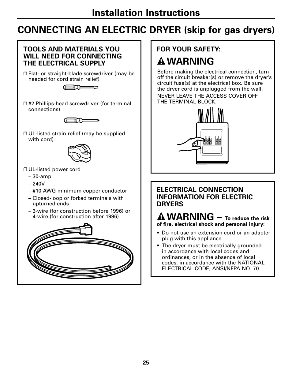 Connecting an electric dryer, Connecting an electric dryer –27, Installation instructions | Connecting an electric dryer (skip for gas dryers), Warning | GE DPGT750 User Manual | Page 25 / 44