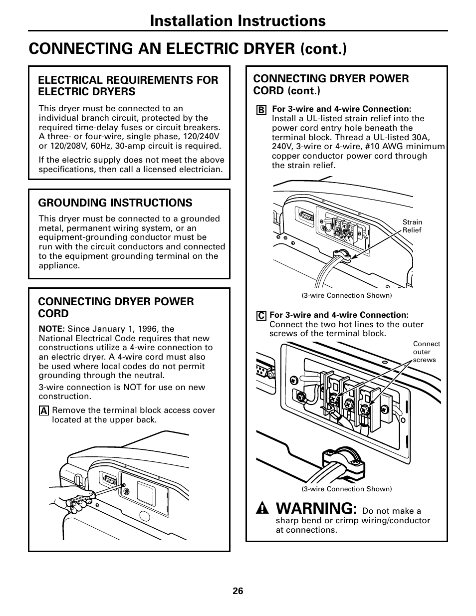 Installation instructions, Connecting an electric dryer (cont.), Warning | GE DPGT750 User Manual | Page 26 / 44