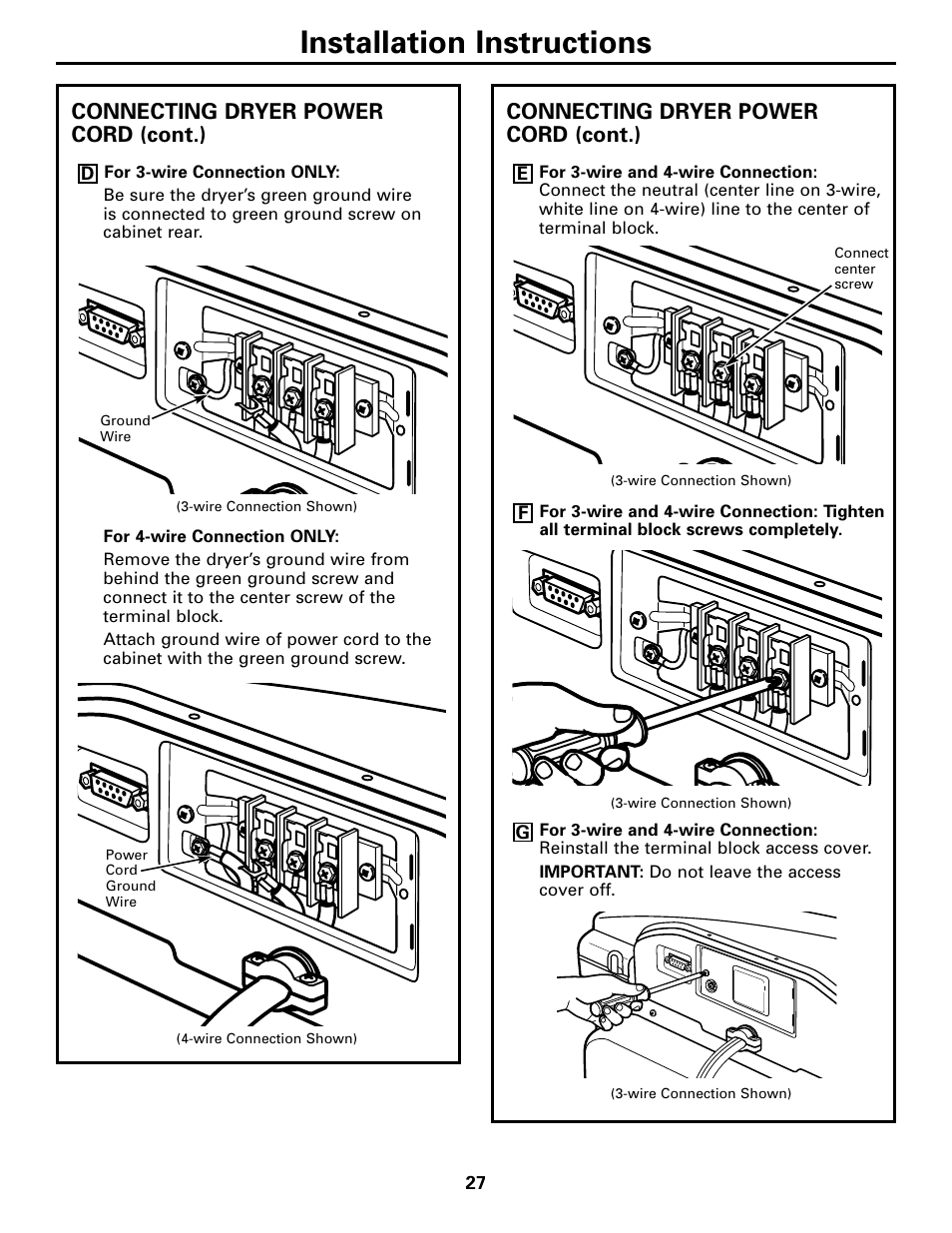 Installation instructions, Connecting dryer power cord (cont.) | GE DPGT750 User Manual | Page 27 / 44