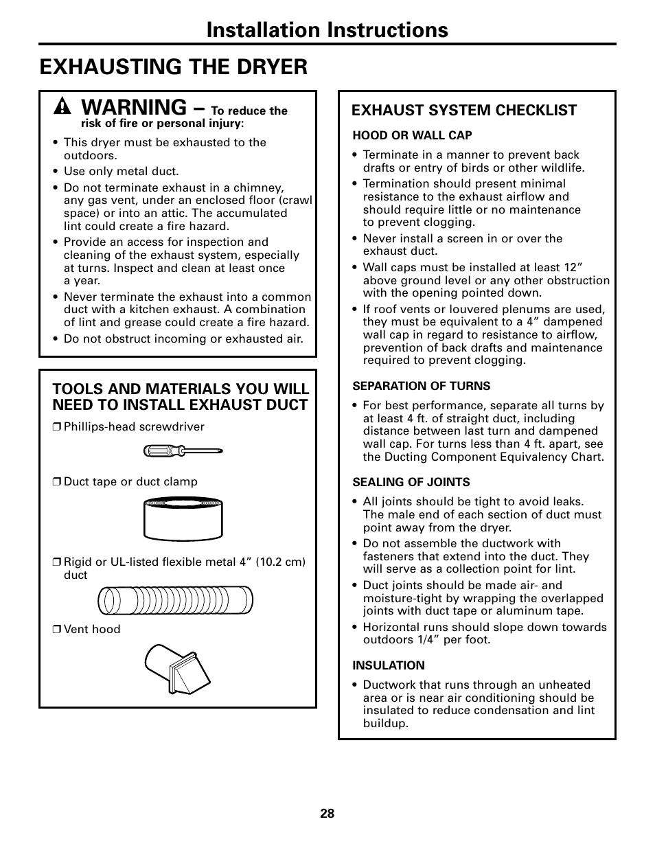 Exhausting the dryer, Exhausting the dryer –32, Installation instructions | Exhausting the dryer warning | GE DPGT750 User Manual | Page 28 / 44