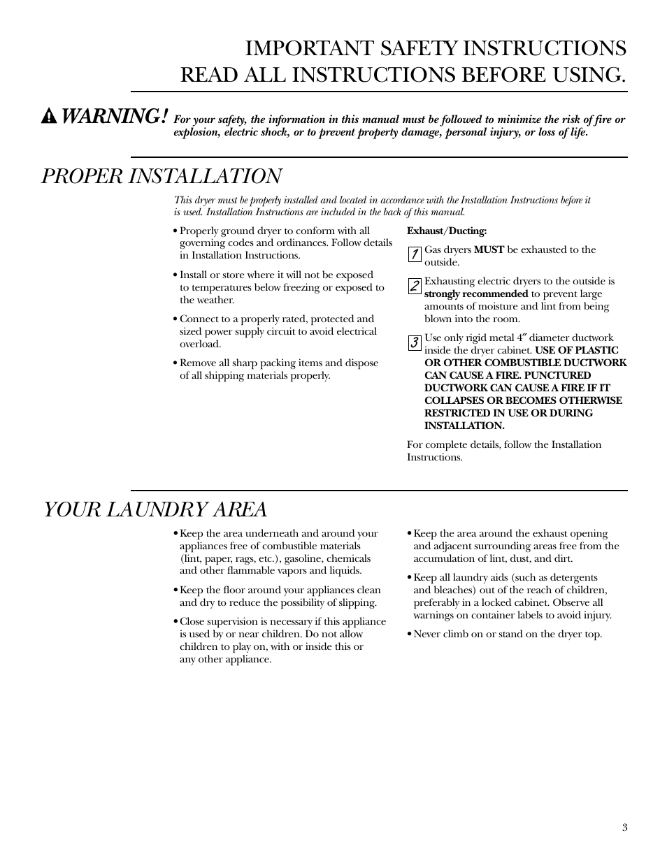 Proper installation, Your laundry area, Warning | GE DPGT750 User Manual | Page 3 / 44