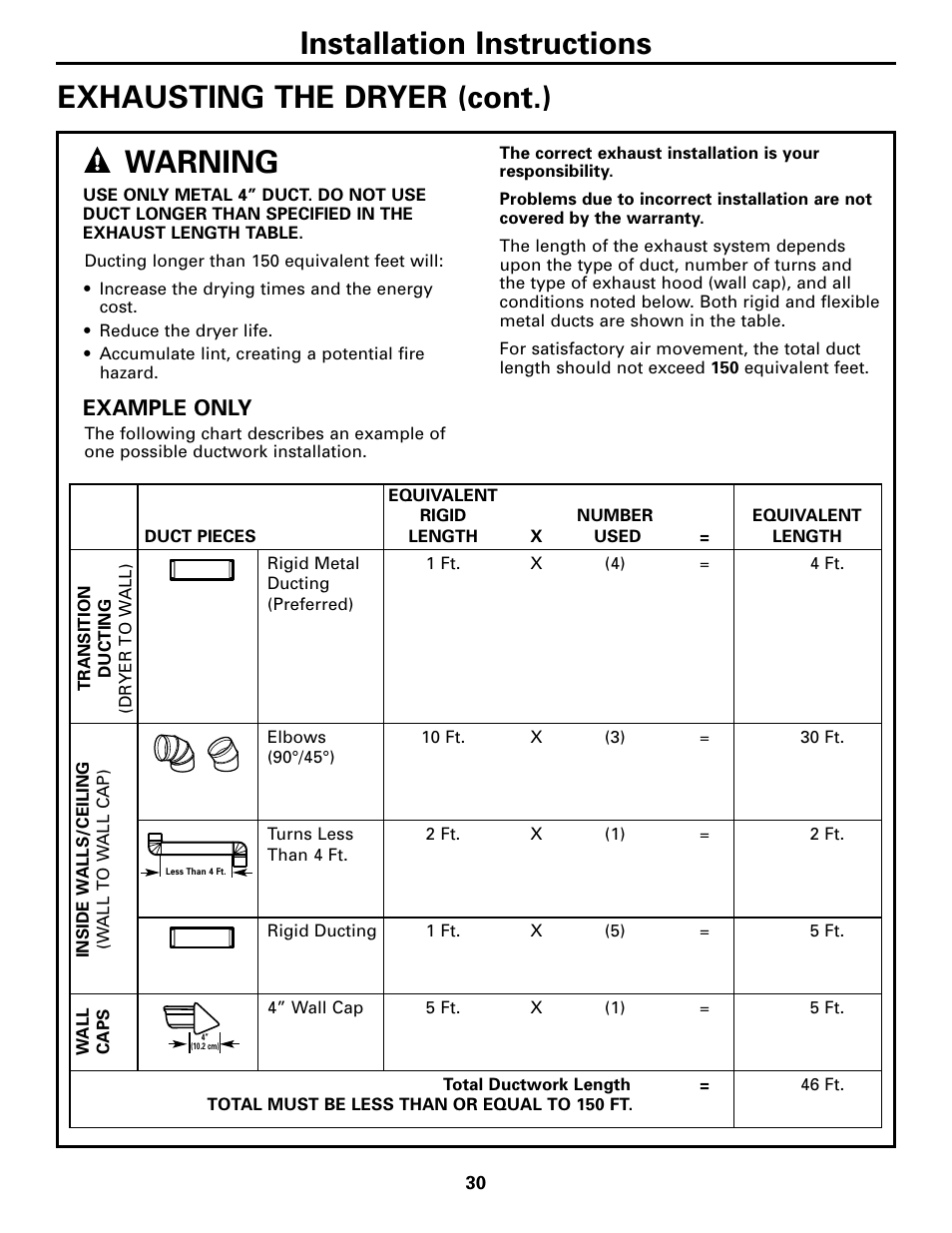 Installation instructions, Exhausting the dryer (cont.) warning, Example only | GE DPGT750 User Manual | Page 30 / 44