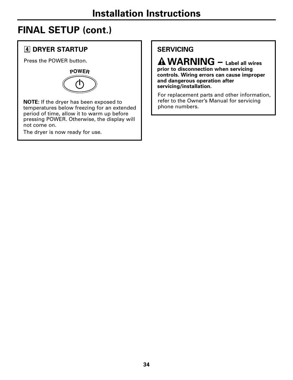 Installation instructions, Final setup (cont.), Warning | GE DPGT750 User Manual | Page 34 / 44